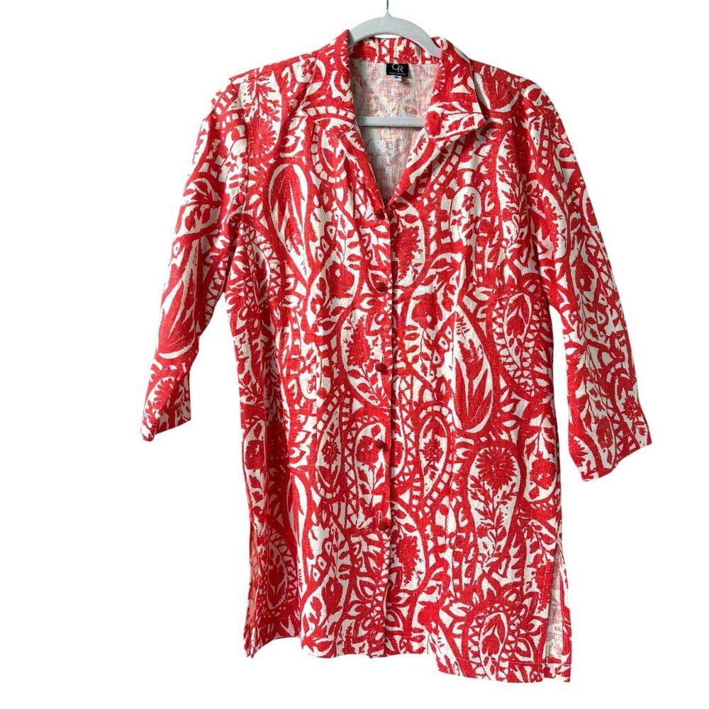 Connie Roberson Knot Buttons Tunic Top Size S Red White Floral 100%‎ Linen USA